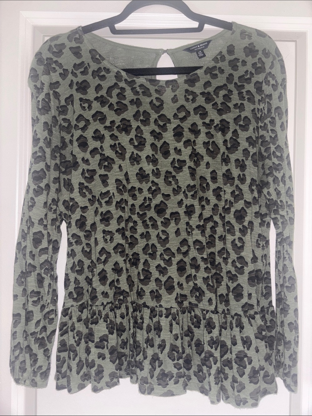Lucky Brand Olive Green and Black Leopard Print Long Sleeve Top